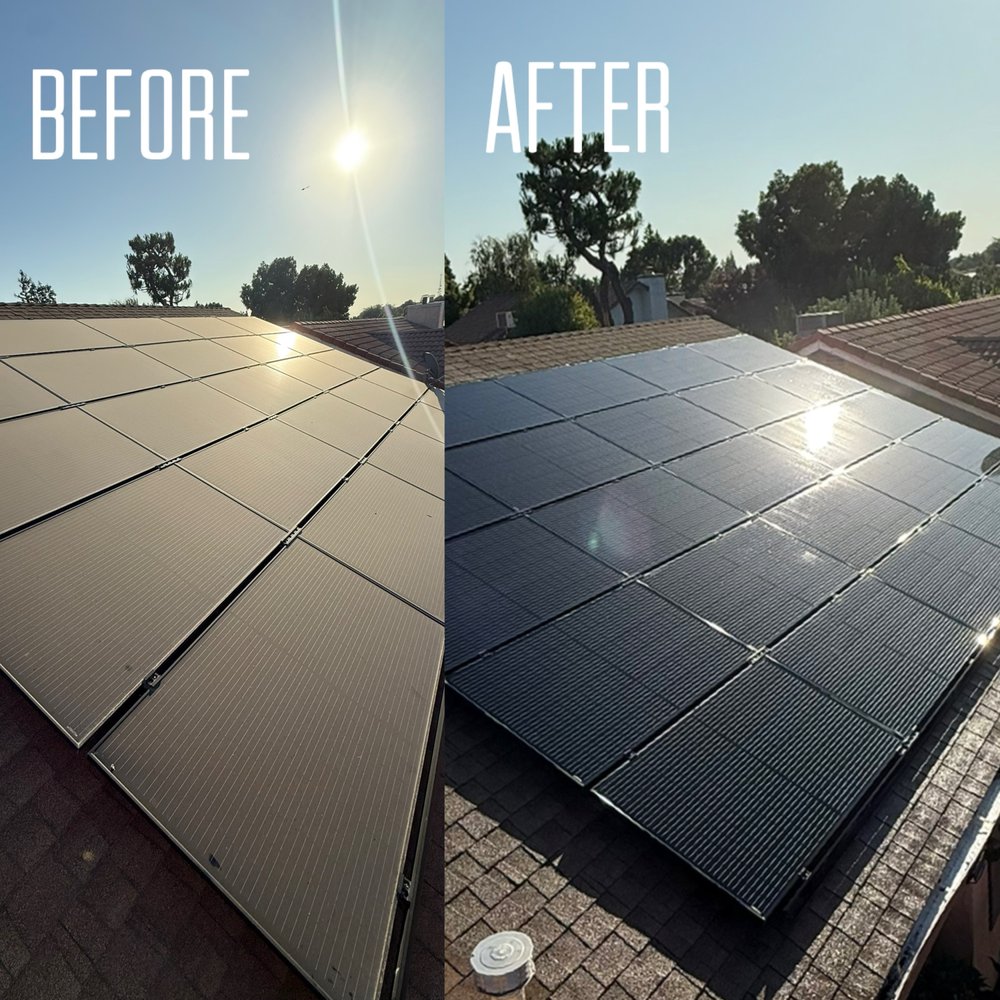Before and after solar panel cleaning by Garcia's Roof Cleaning Services in Fresno